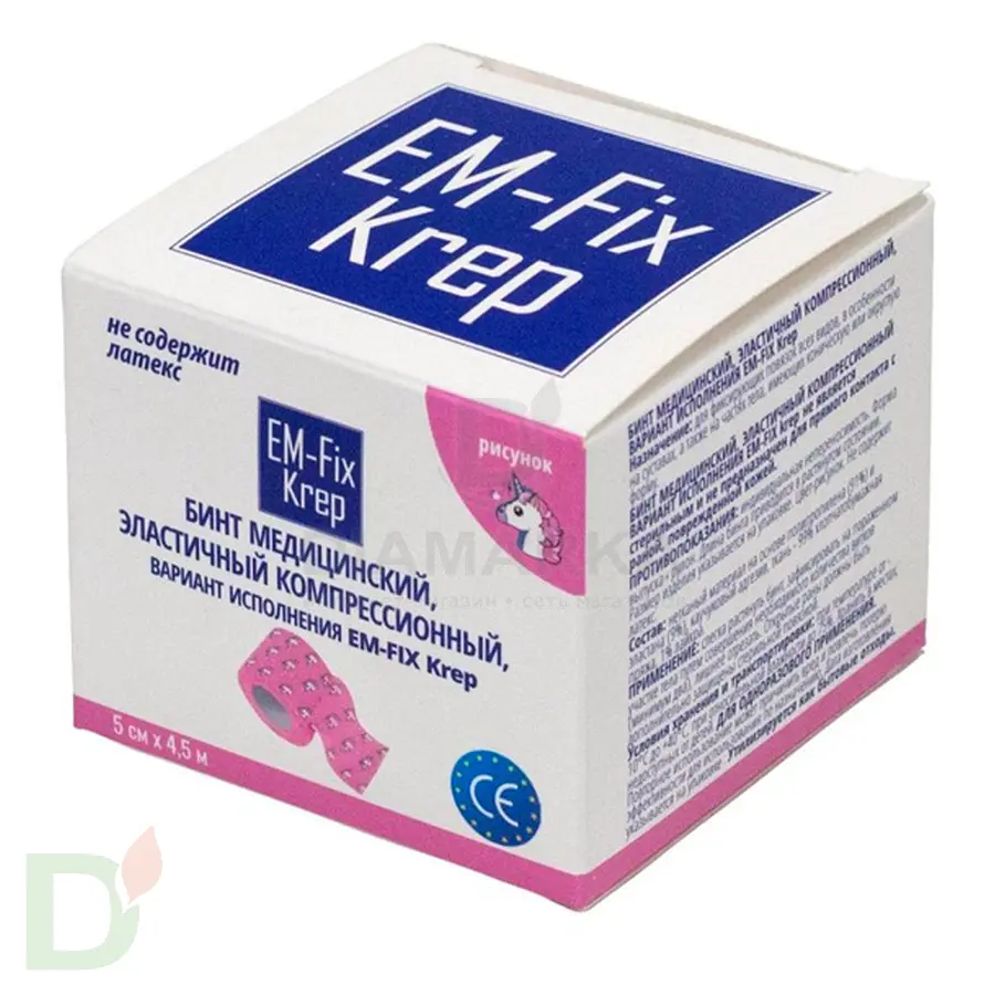 Бинт самофиксирующийся EM-Fix krep Розовый с единорогом, 5см*4,5м