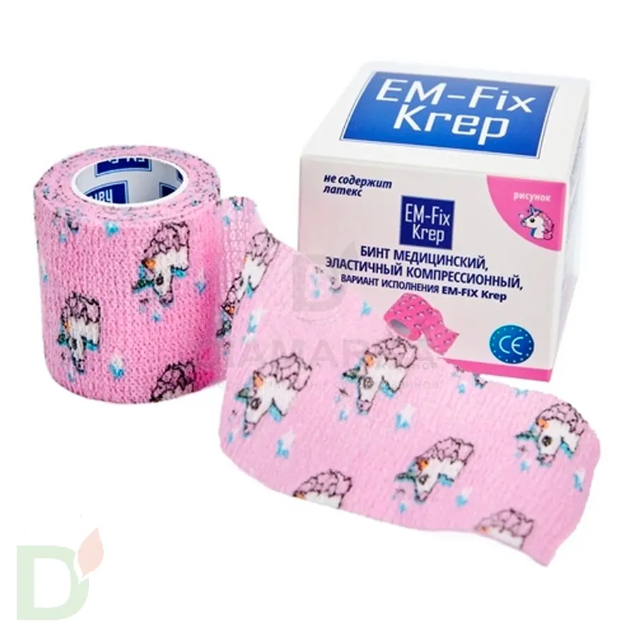 Бинт самофиксирующийся EM-Fix krep Розовый с единорогом, 5см*4,5м